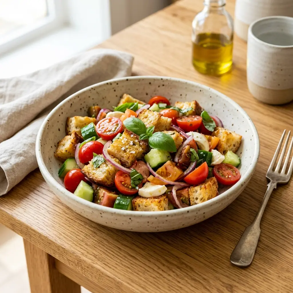Nylagad panzanella serverad på ett aptitligt och hemlagat sätt