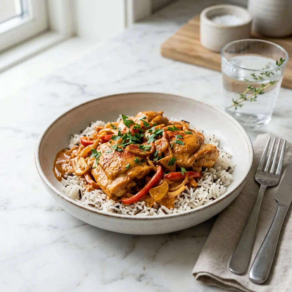 Nylagad paprikakyckling serverad på ett aptitligt och hemlagat sätt