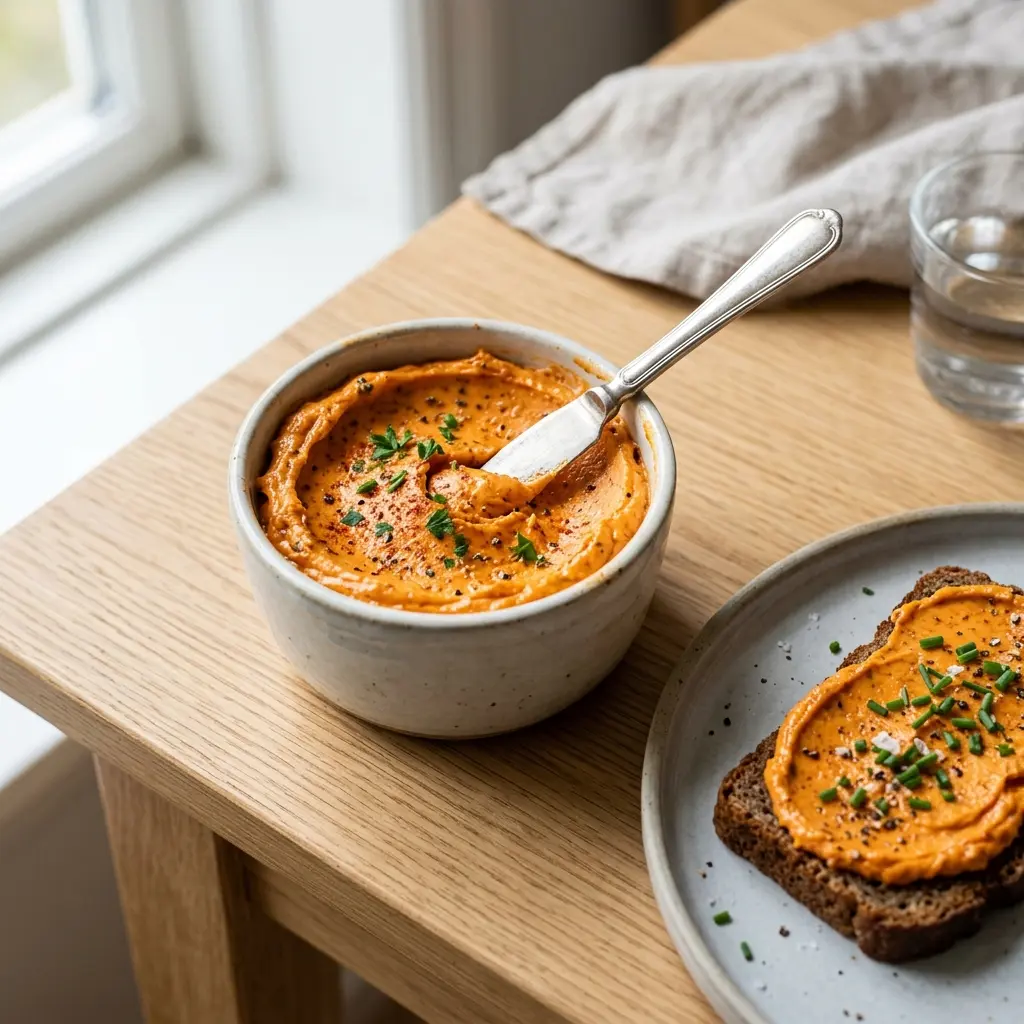 Nylagad paprikasmör serverad på ett aptitligt och hemlagat sätt