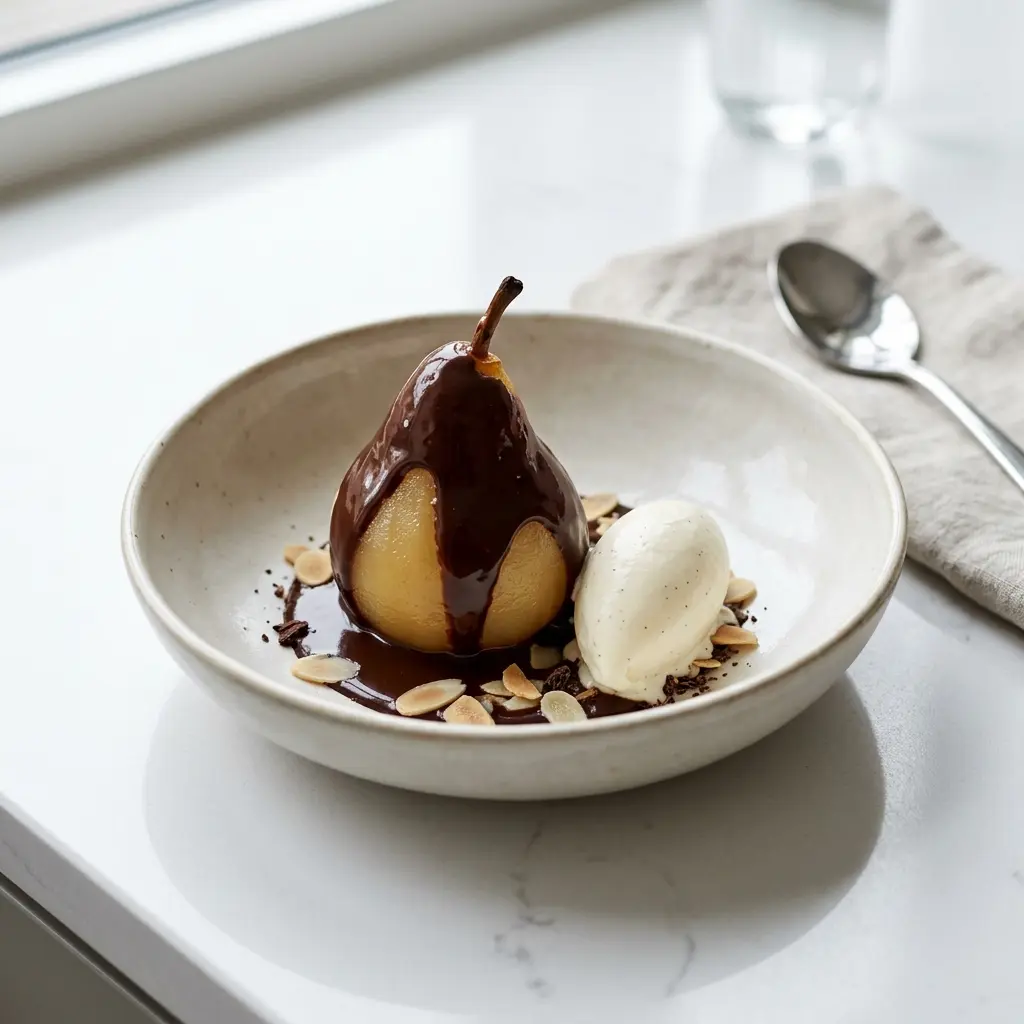 Nylagad päron Belle Hélène serverad på ett aptitligt och hemlagat sätt