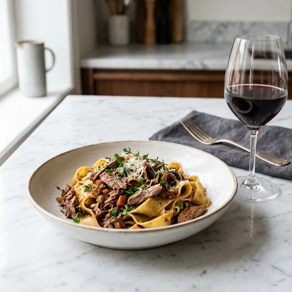 Nylagad pasta med anka serverad på ett aptitligt och hemlagat sätt