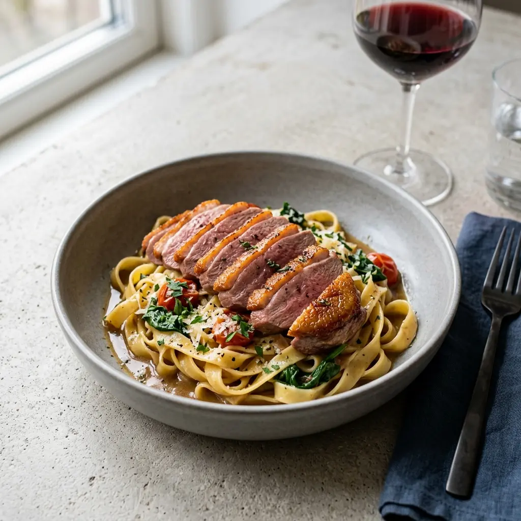 Nylagad pasta med ankbröst serverad på ett aptitligt och hemlagat sätt