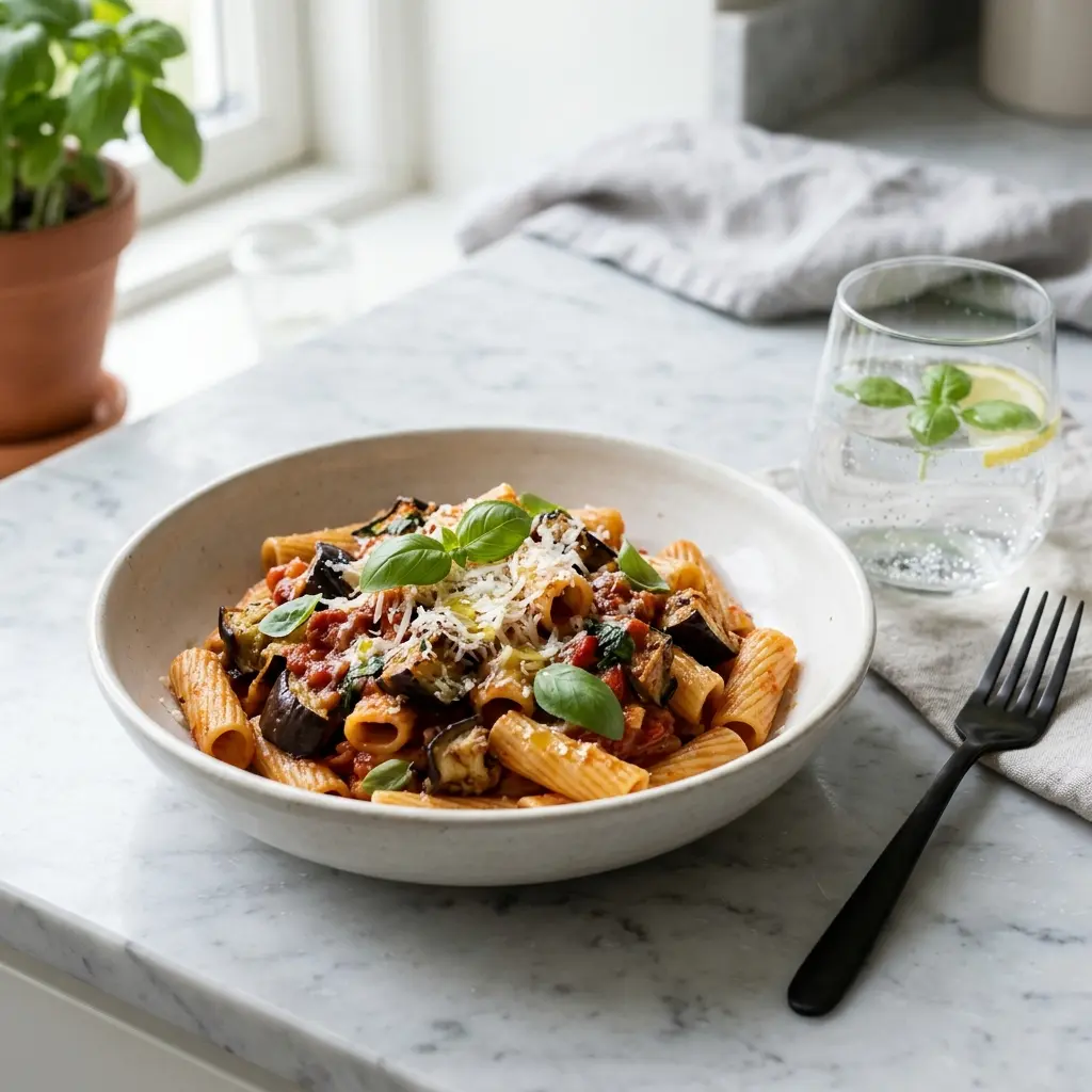Nylagad pasta med aubergine serverad på ett aptitligt och hemlagat sätt