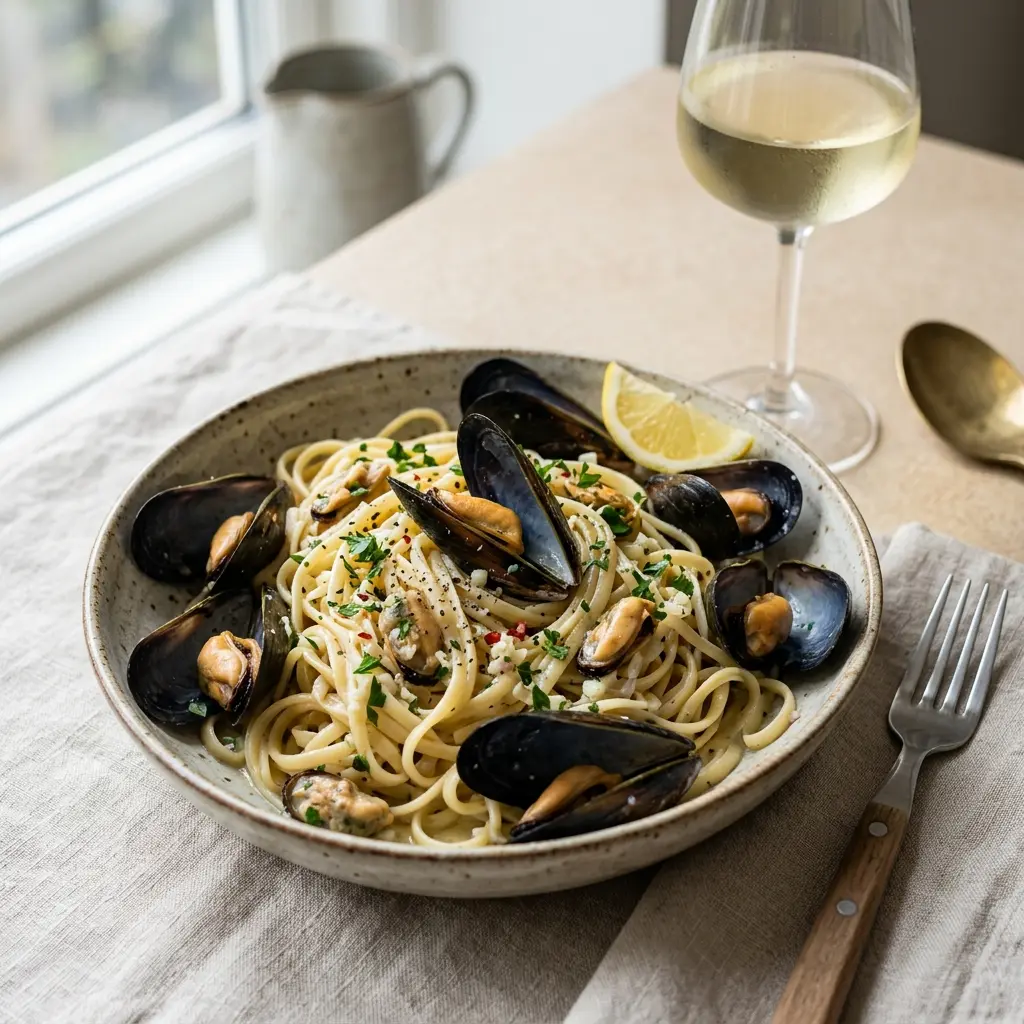 Nylagad pasta med blåmusslor serverad på ett aptitligt och hemlagat sätt