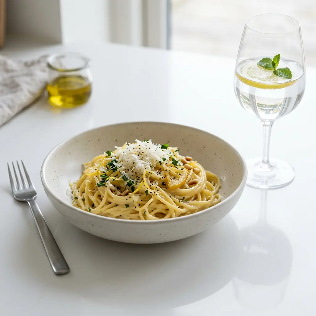 Nylagad pasta med citron och parmesan serverad på ett aptitligt och hemlagat sätt