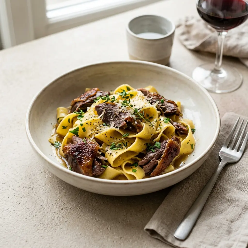 Ett glas pasta med confiterad anka serverat kallt och fräscht med enkel garnering