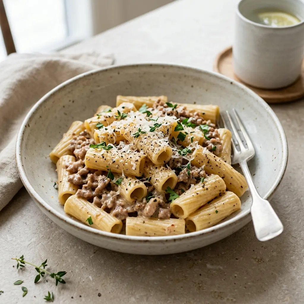 Nylagad pasta med fläskfärs och grädde serverad på ett aptitligt och hemlagat sätt