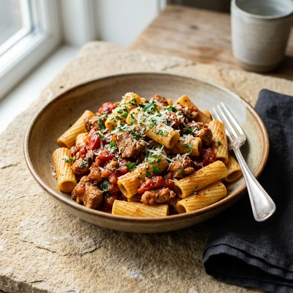 Nylagad pasta med fläskfärs och tomat serverad på ett aptitligt och hemlagat sätt
