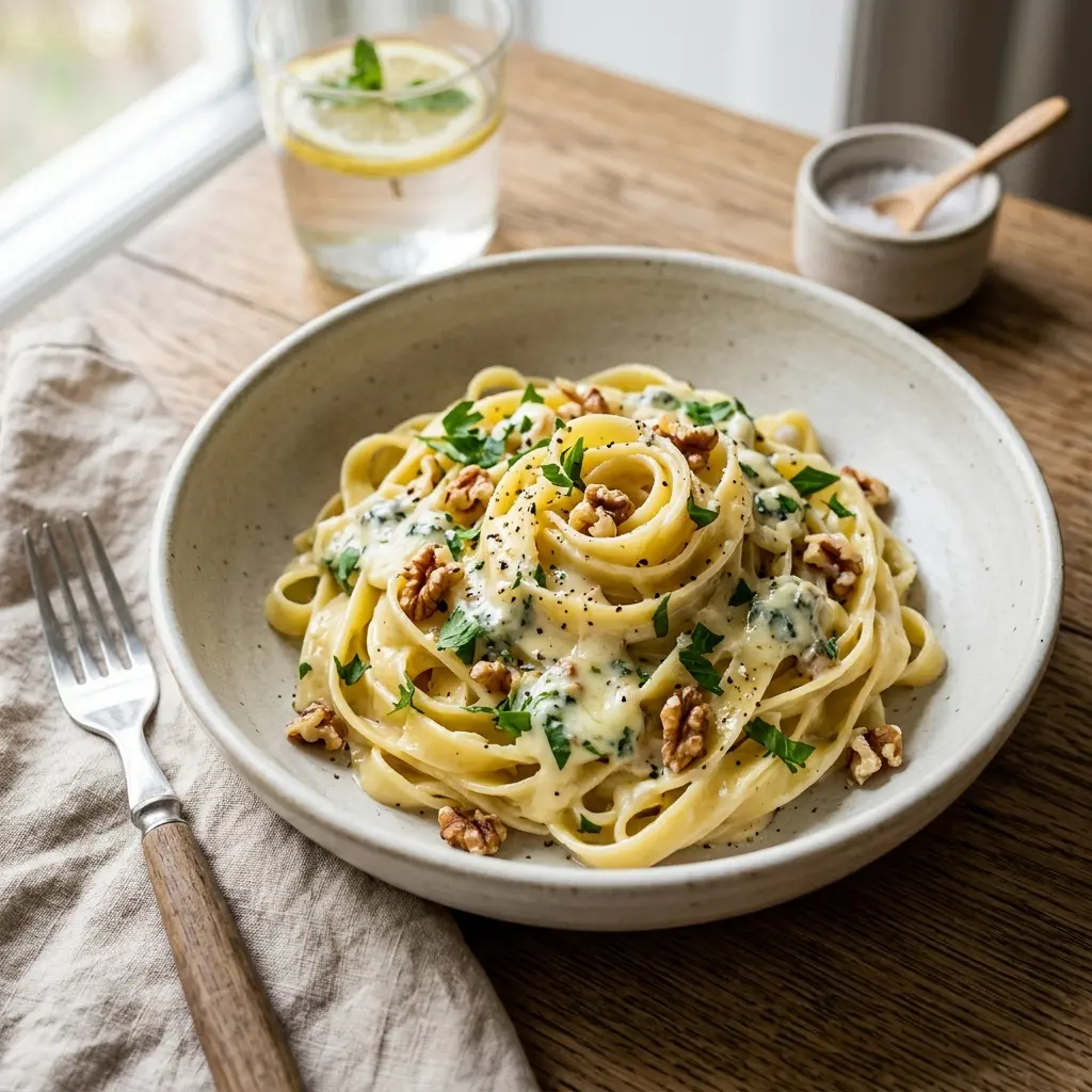 Ett glas pasta med gorgonzola och valnötter serverat kallt och fräscht med enkel garnering