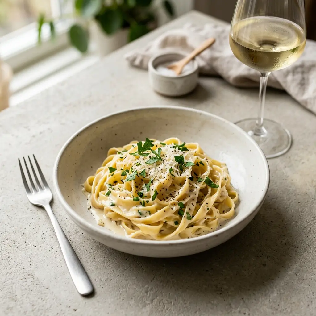 En skål med pasta med gräddsås klar att servera som smakrikt tillbehör