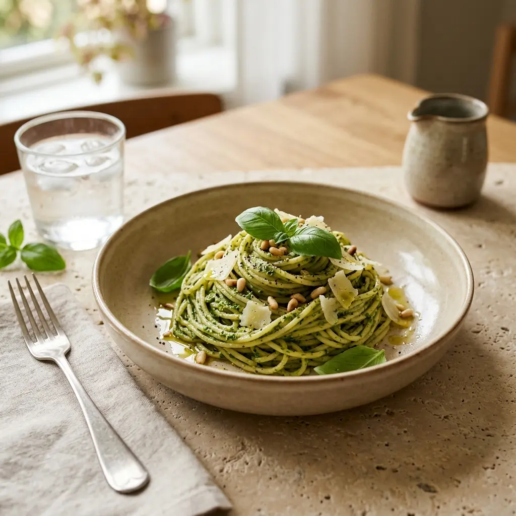 En skål med pasta med grön pesto klar att servera som smakrikt tillbehör