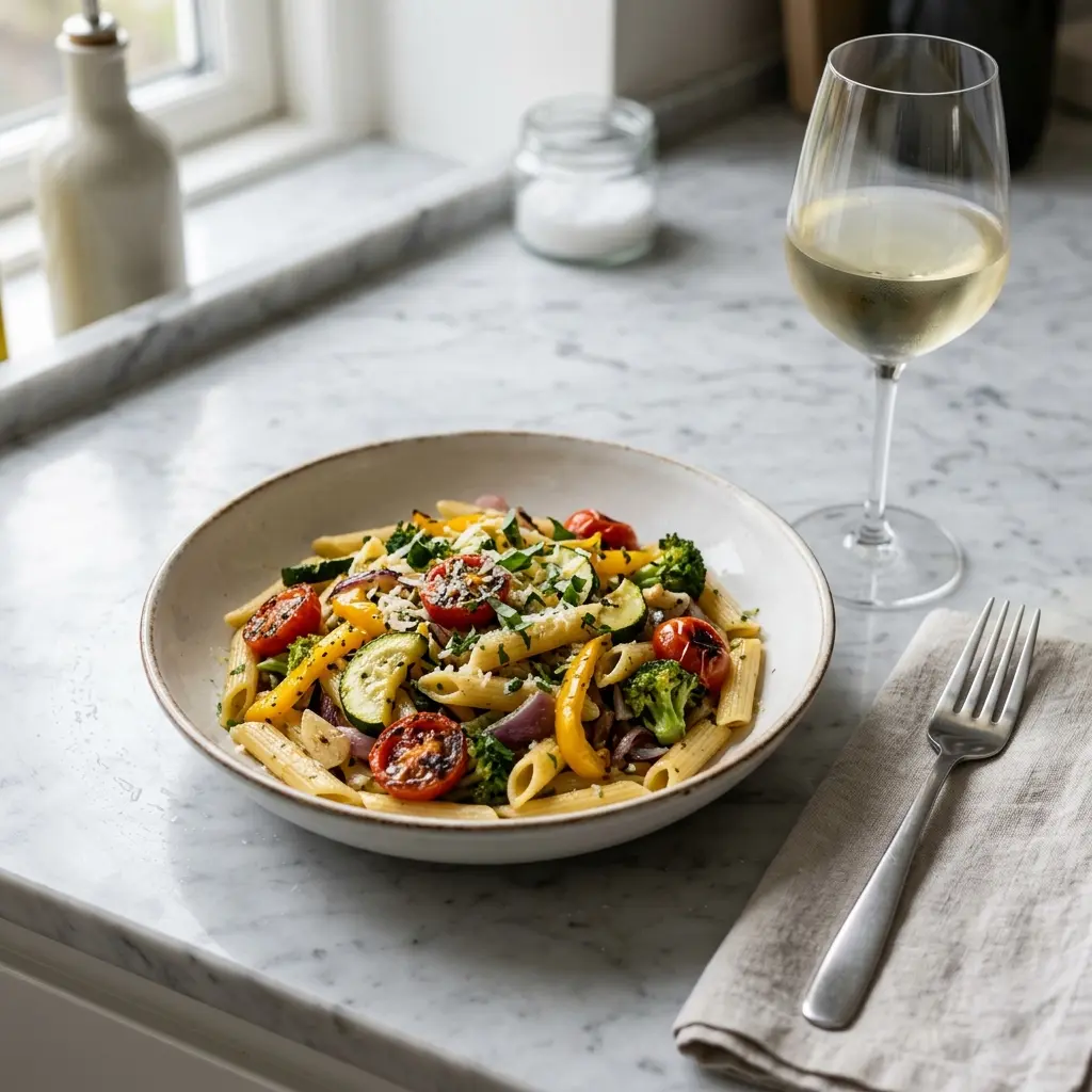 Nylagad pasta med grönsaker serverad på ett aptitligt och hemlagat sätt