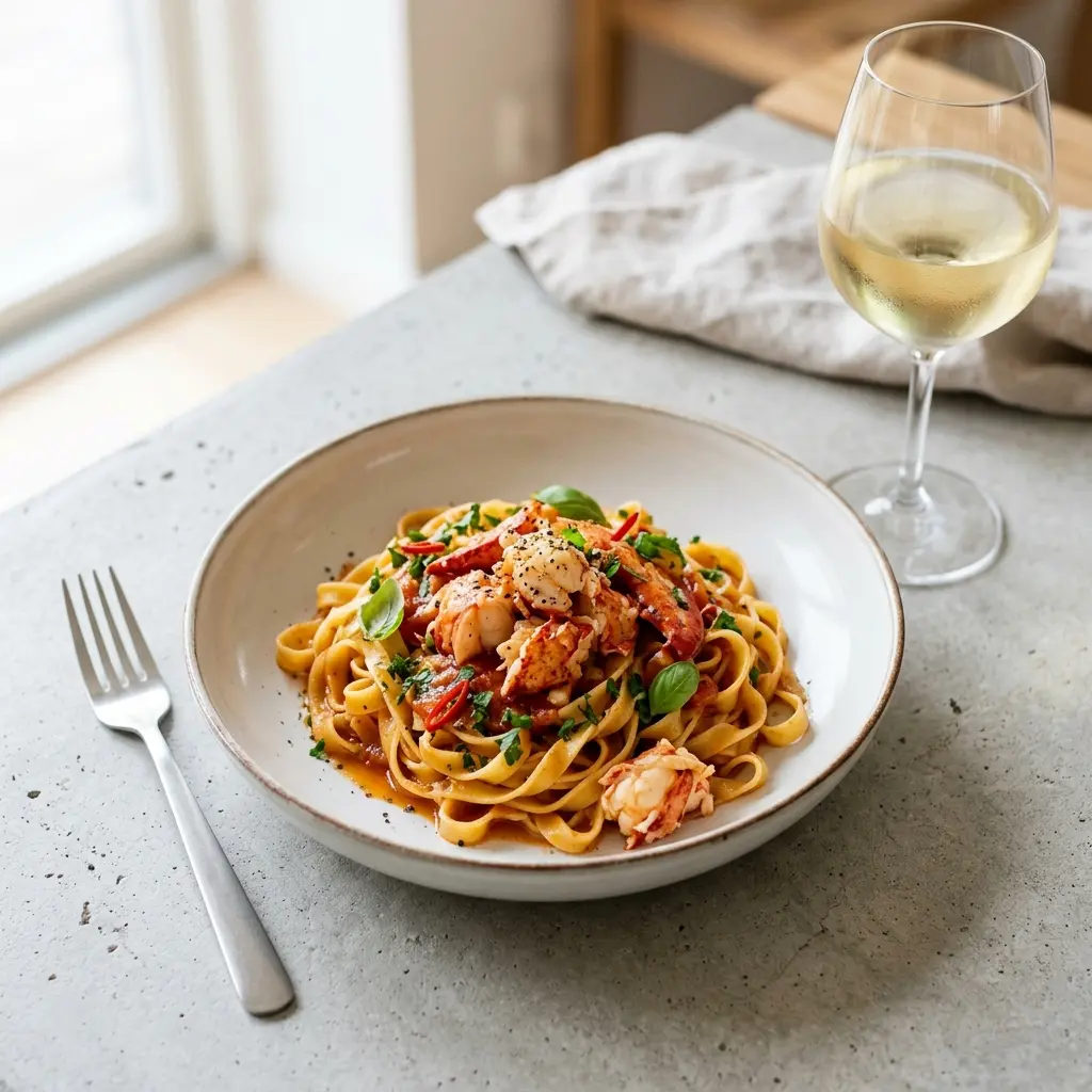 Nylagad pasta med hummer serverad på ett aptitligt och hemlagat sätt