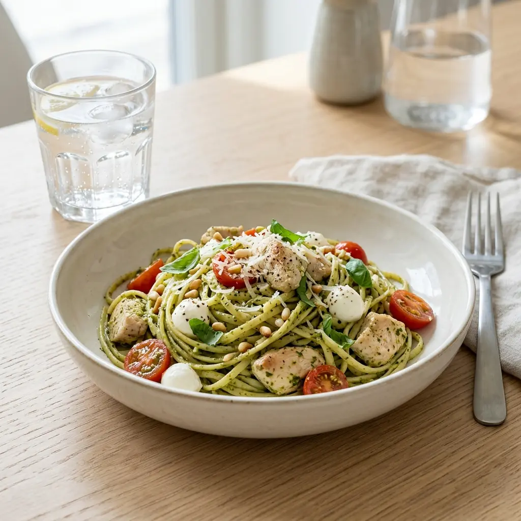 En skål med pasta med kalkon och pesto klar att servera som smakrikt tillbehör