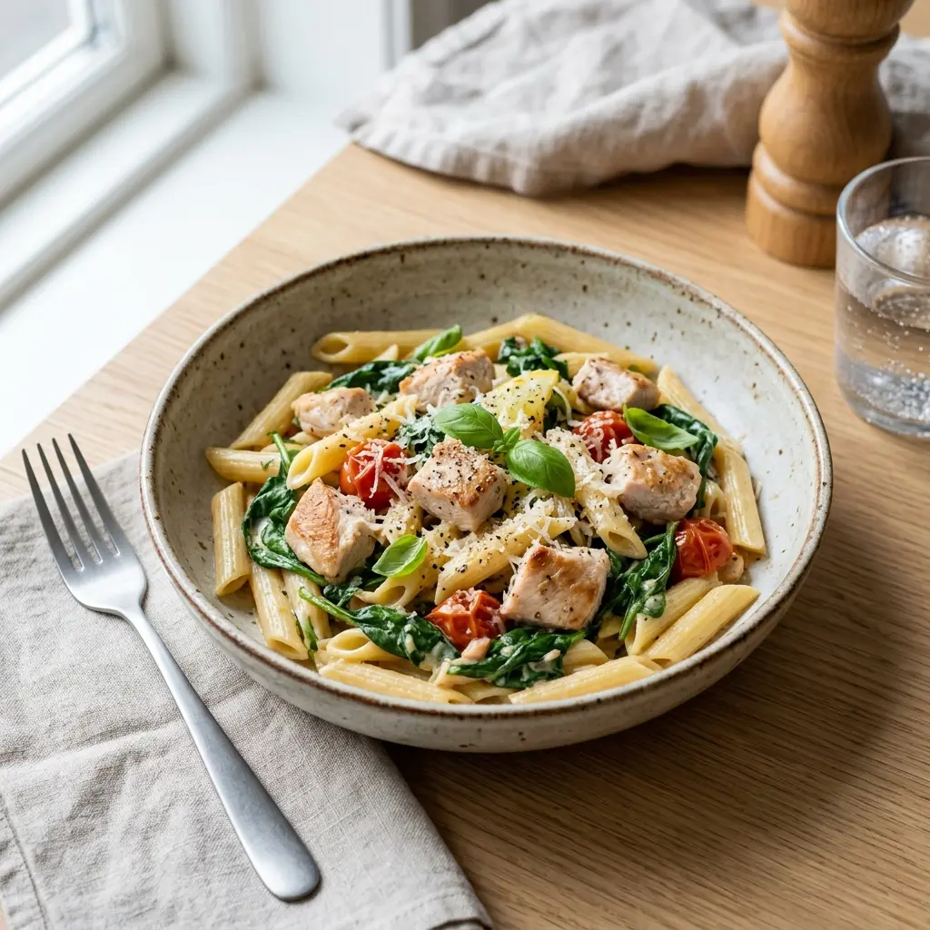 Nylagad pasta med kalkon och spenat serverad på ett aptitligt och hemlagat sätt