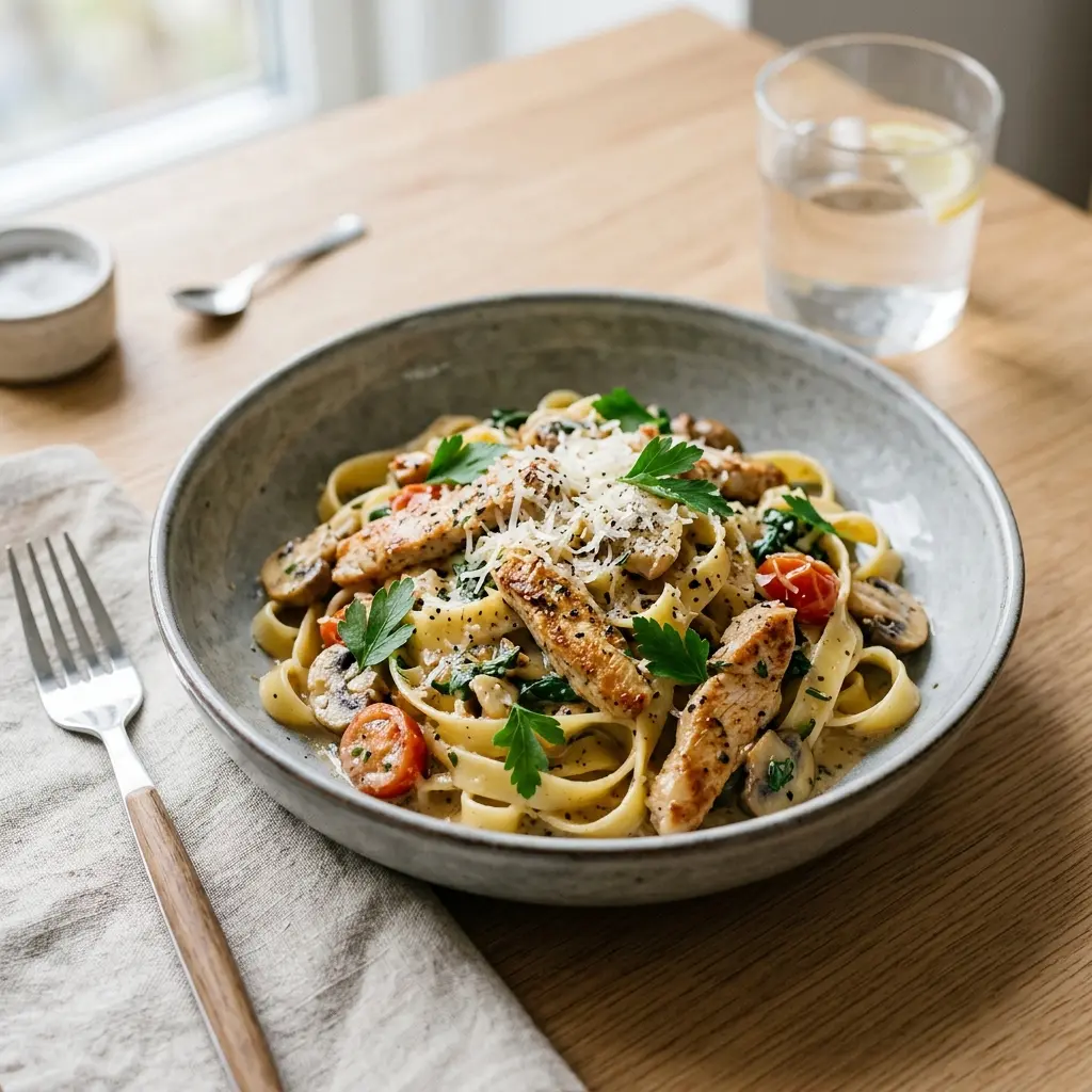 Nylagad pasta med kalkon serverad på ett aptitligt och hemlagat sätt