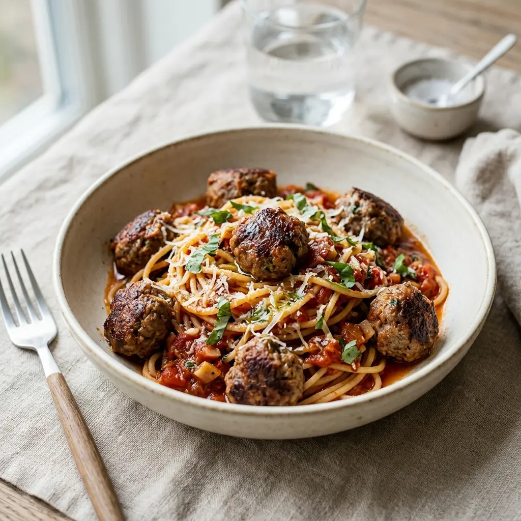 Nybakad pasta med köttbullar serverad och klar att njuta av