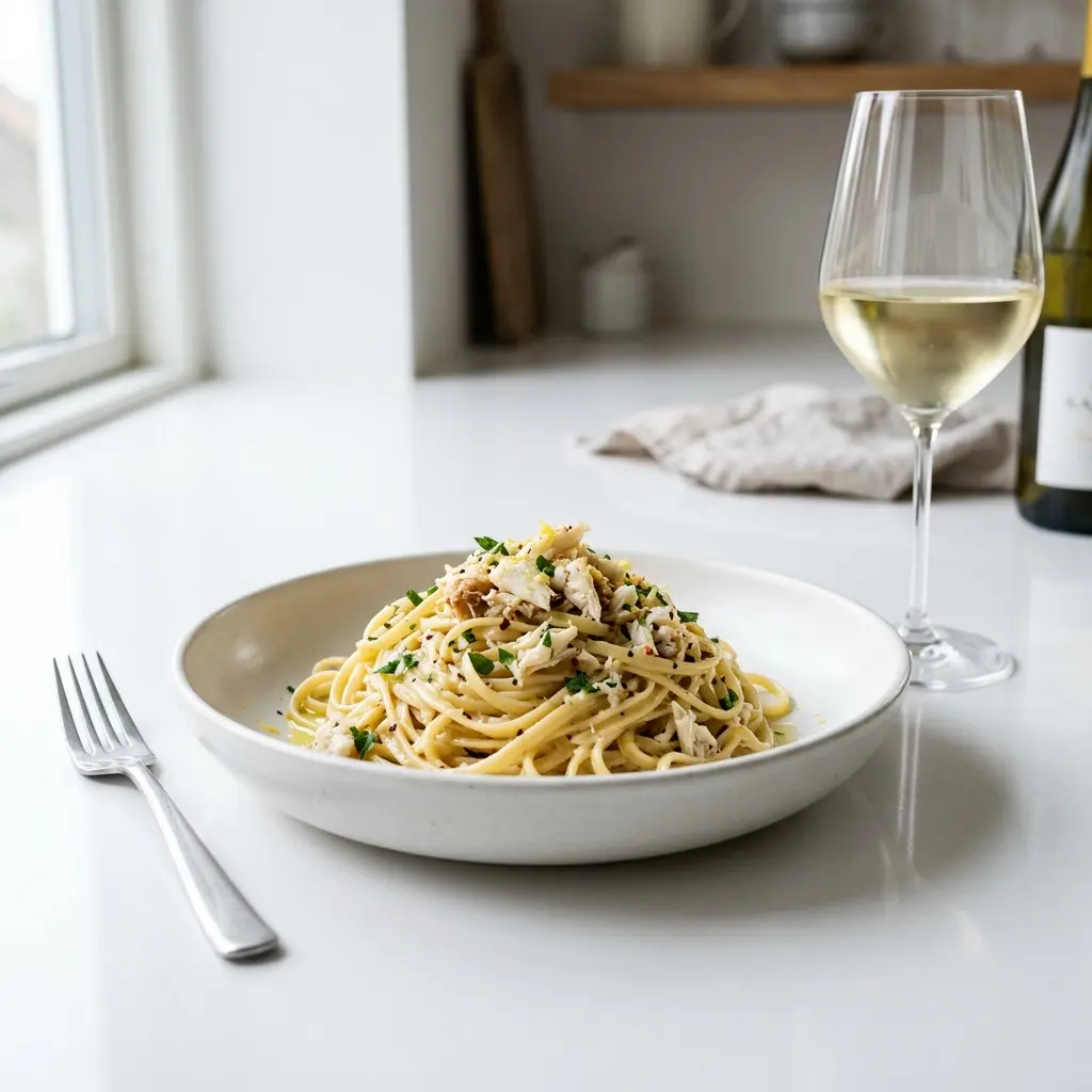 Nylagad pasta med krabba serverad på ett aptitligt och hemlagat sätt