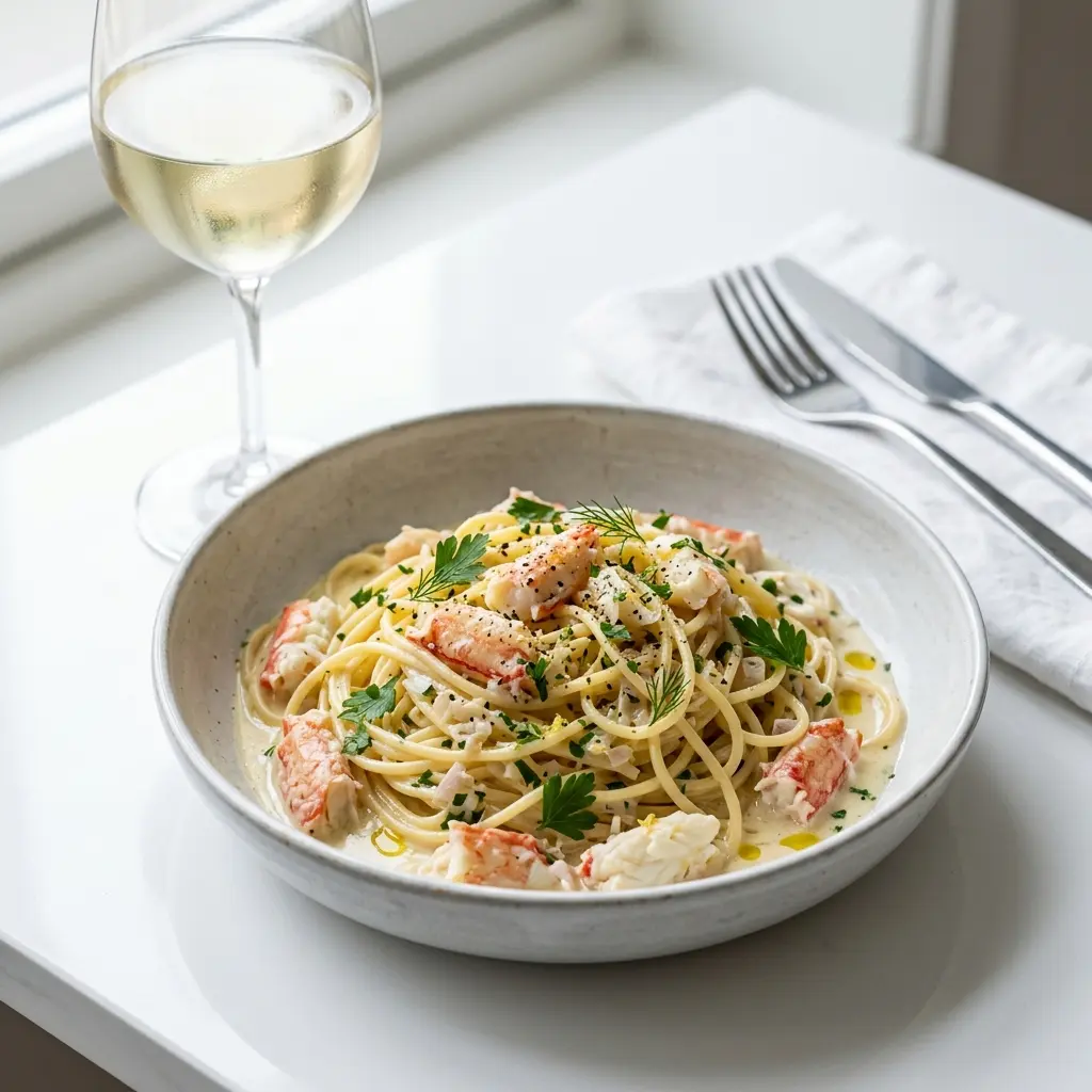 Nylagad pasta med kungskrabba serverad på ett aptitligt och hemlagat sätt