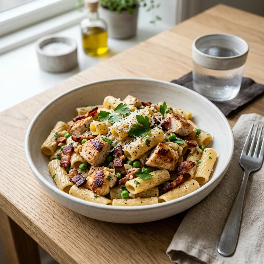 Nylagad pasta med kyckling och bacon serverad på ett aptitligt och hemlagat sätt