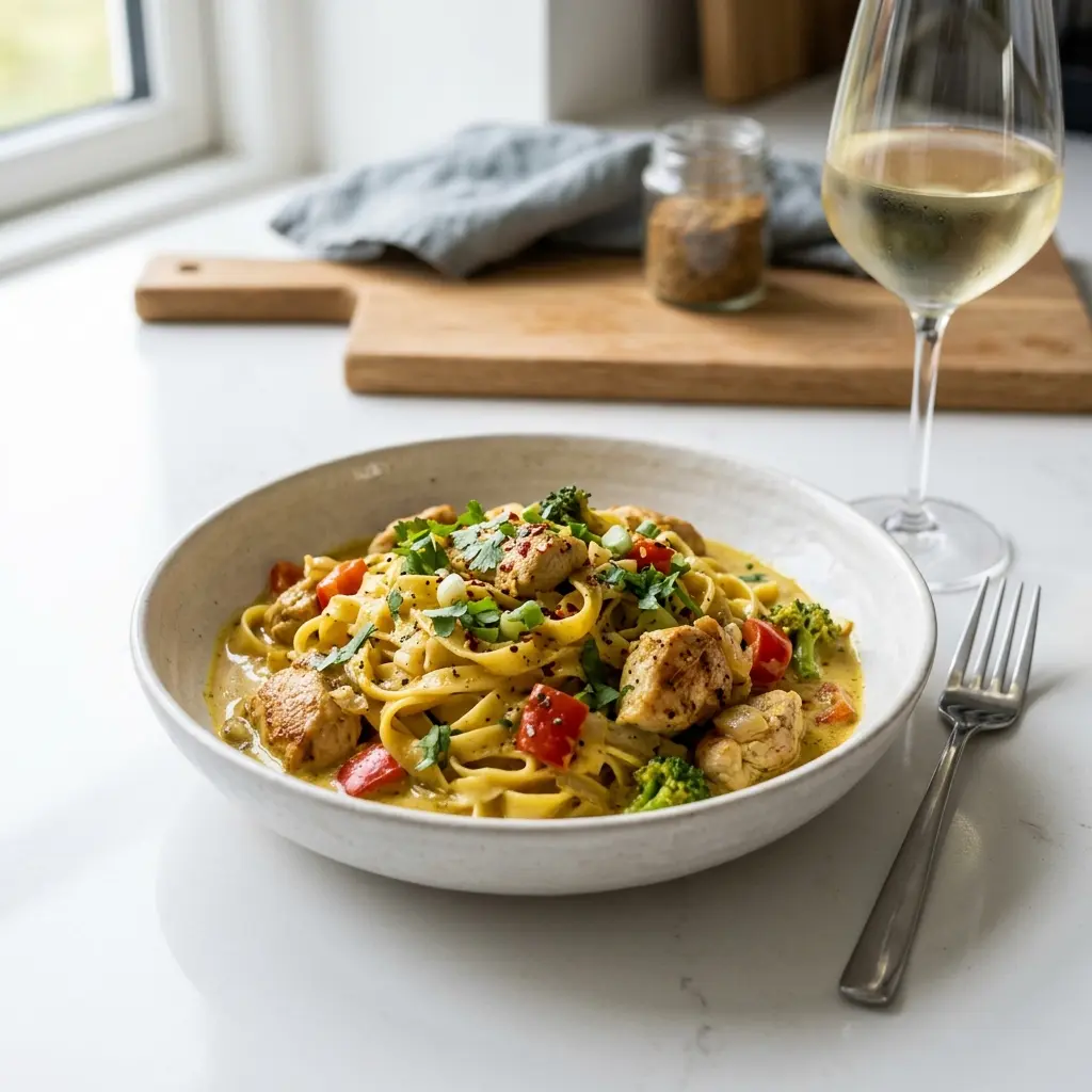 Nylagad pasta med kyckling och curry serverad på ett aptitligt och hemlagat sätt