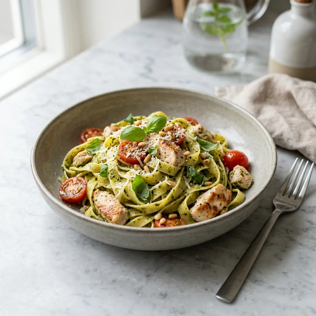 En skål med pasta med kyckling och pesto klar att servera som smakrikt tillbehör