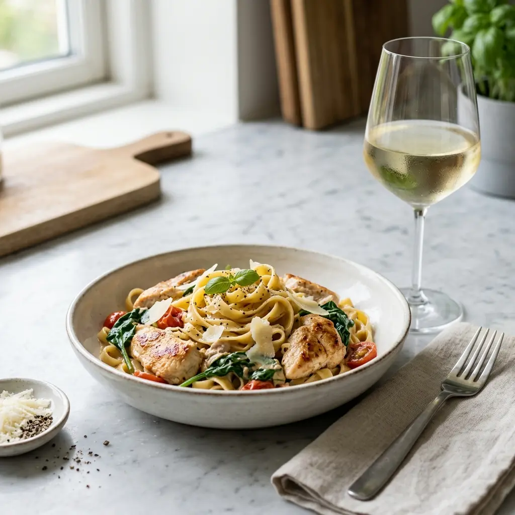 Nylagad pasta med kyckling och spenat serverad på ett aptitligt och hemlagat sätt