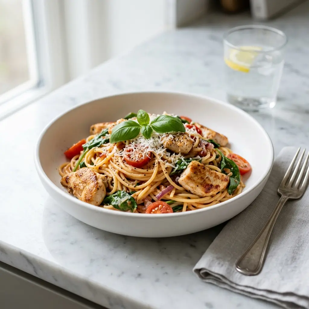 Nylagad pasta med kyckling serverad på ett aptitligt och hemlagat sätt