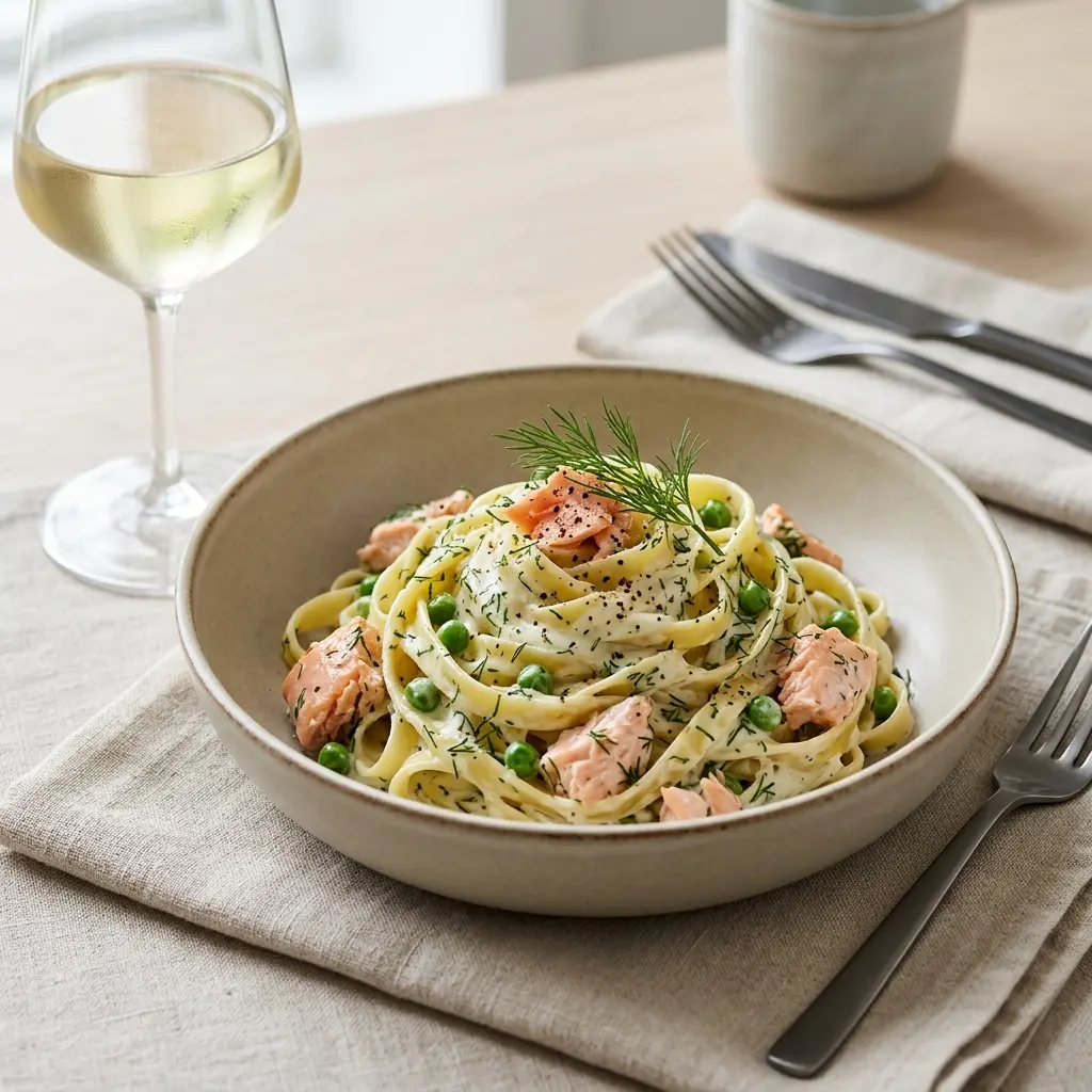 En skål med pasta med lax och gräddsås klar att servera som smakrikt tillbehör