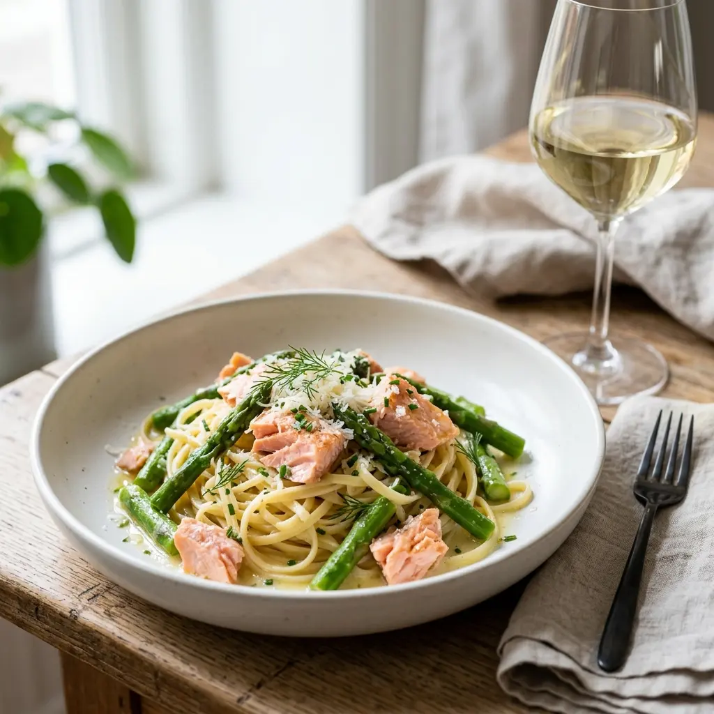 Nylagad pasta med lax och sparris serverad på ett aptitligt och hemlagat sätt