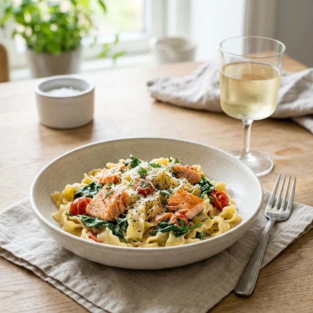 Nylagad pasta med lax och spenat serverad på ett aptitligt och hemlagat sätt