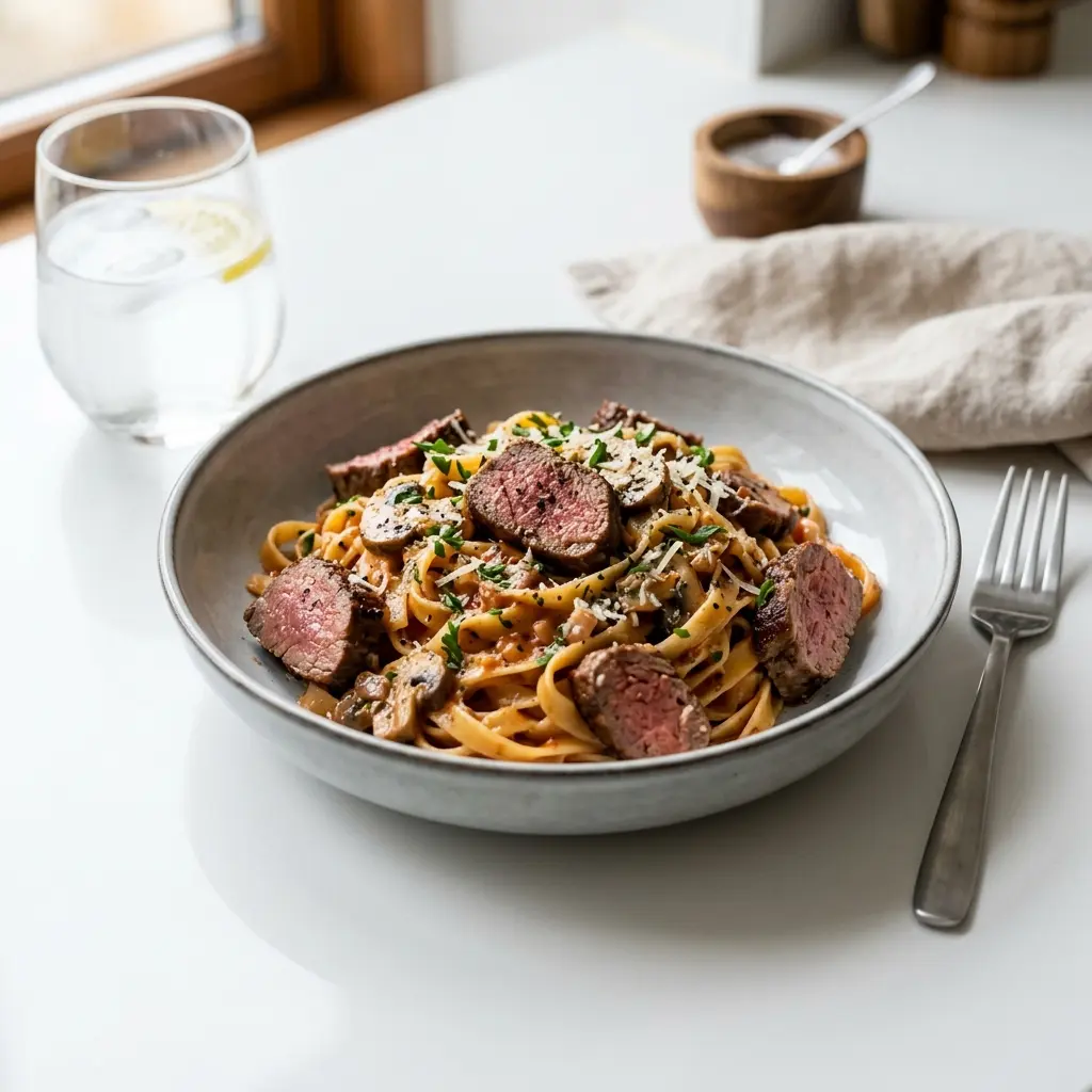 Nylagad pasta med oxfilé serverad på ett aptitligt och hemlagat sätt