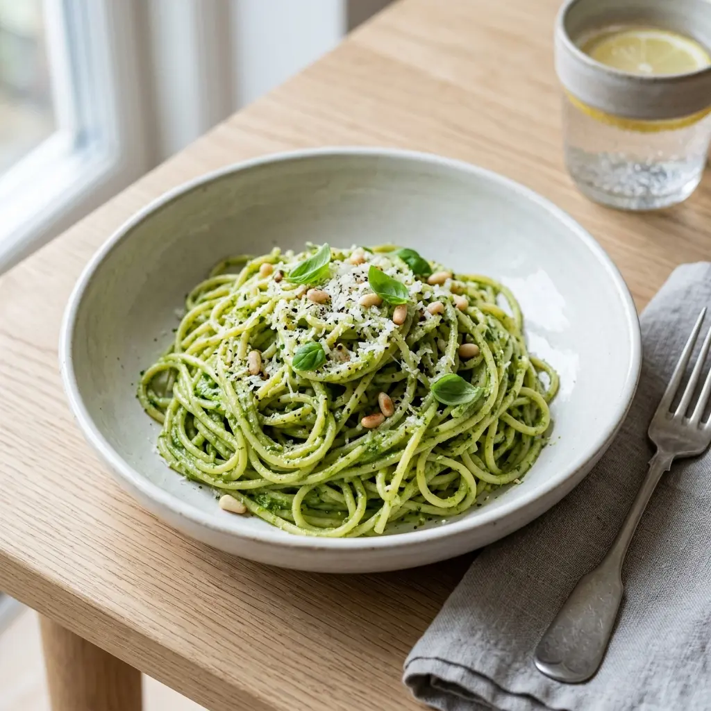 En skål med pasta med pesto klar att servera som smakrikt tillbehör