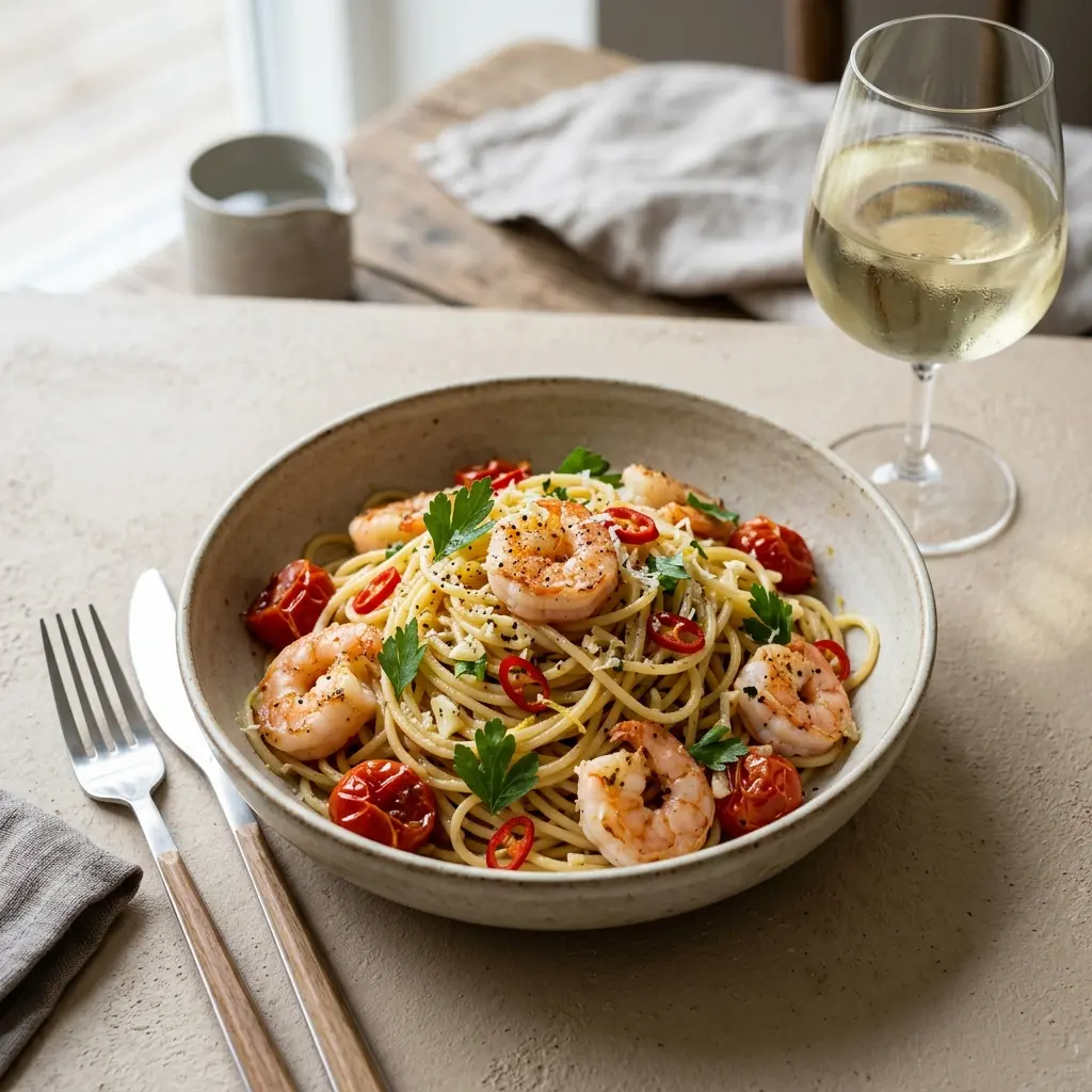 Nylagad pasta med räkor och chili serverad på ett aptitligt och hemlagat sätt