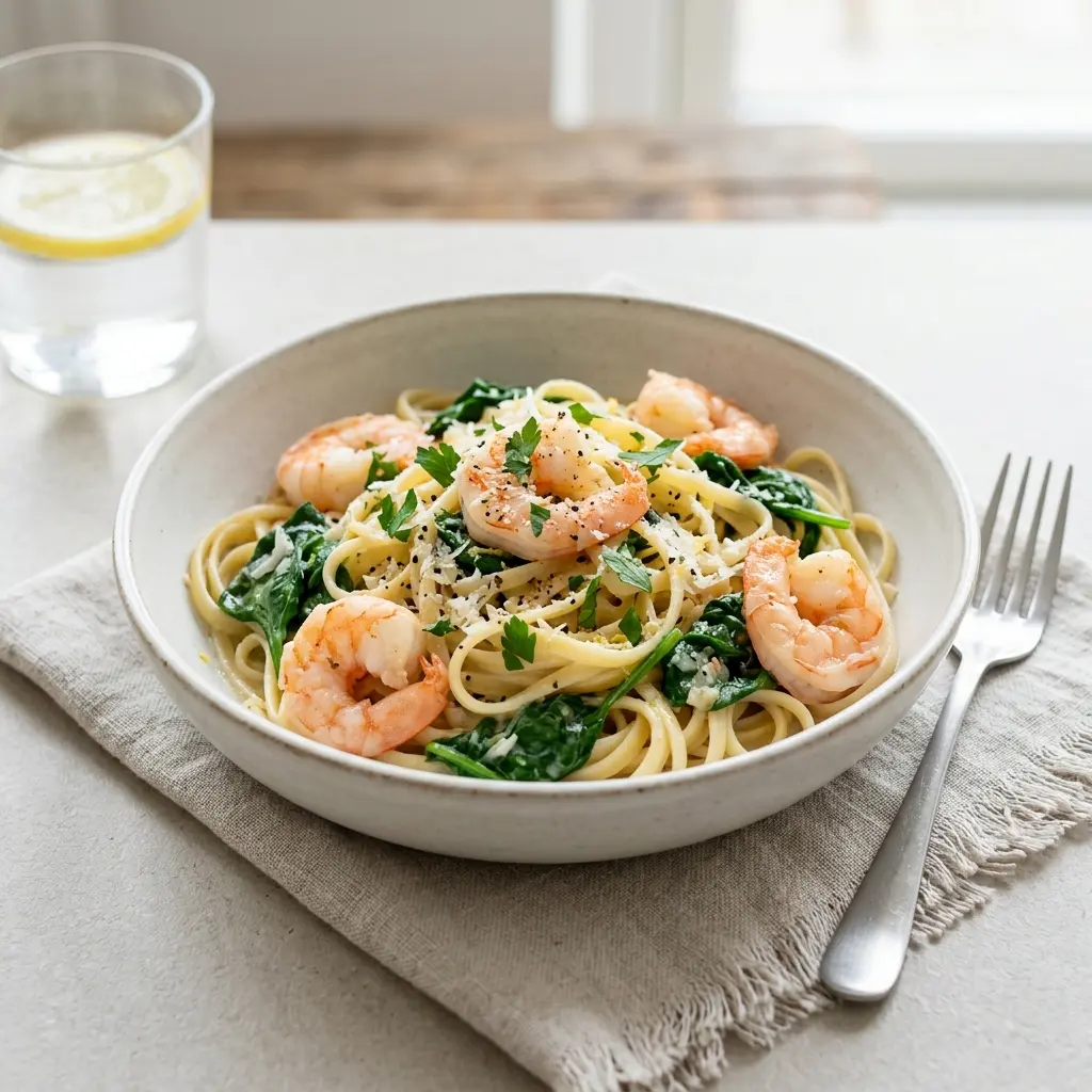 Nylagad pasta med räkor och spenat serverad på ett aptitligt och hemlagat sätt
