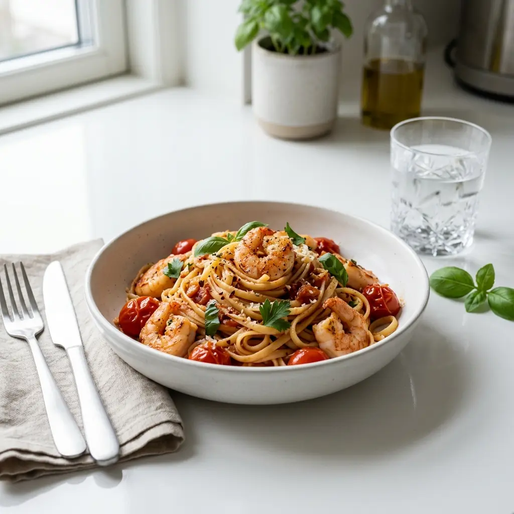Nylagad pasta med räkor och tomat serverad på ett aptitligt och hemlagat sätt