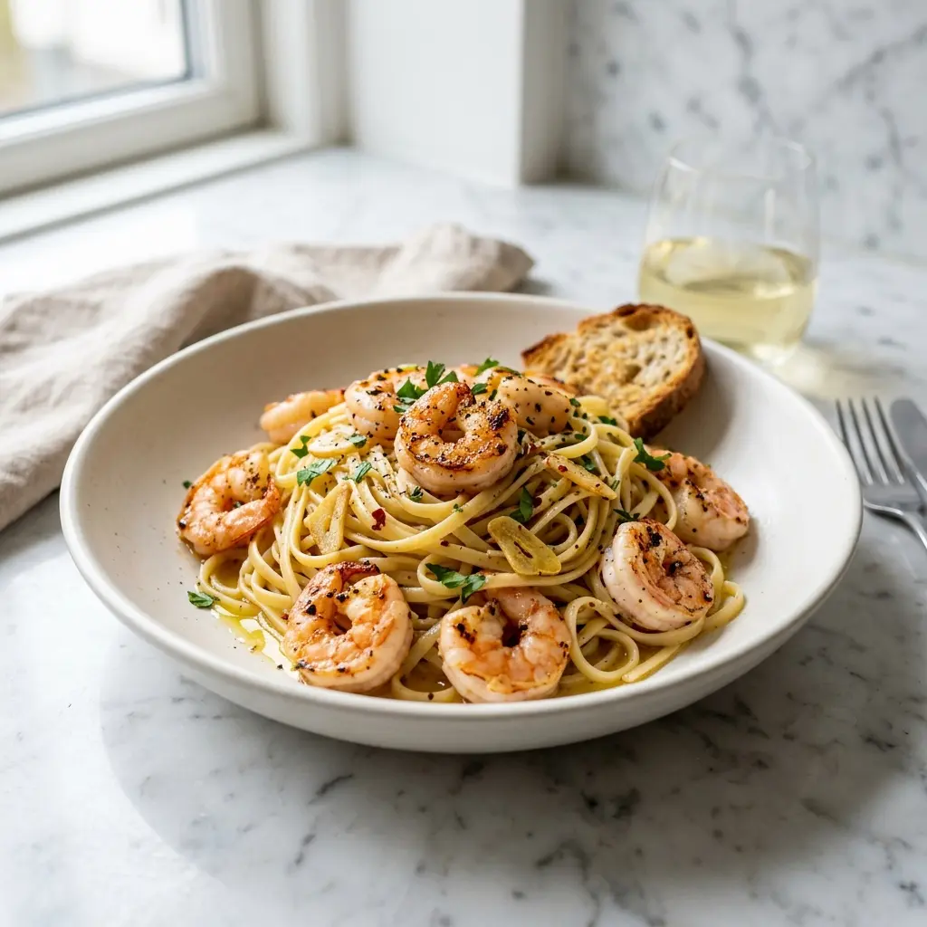 Nylagad pasta med räkor och vitlök serverad på ett aptitligt och hemlagat sätt