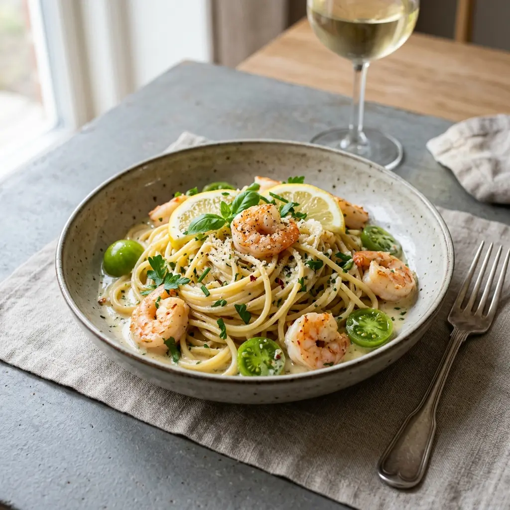 En skål med pasta med räkor och vitvinssås klar att servera som smakrikt tillbehör