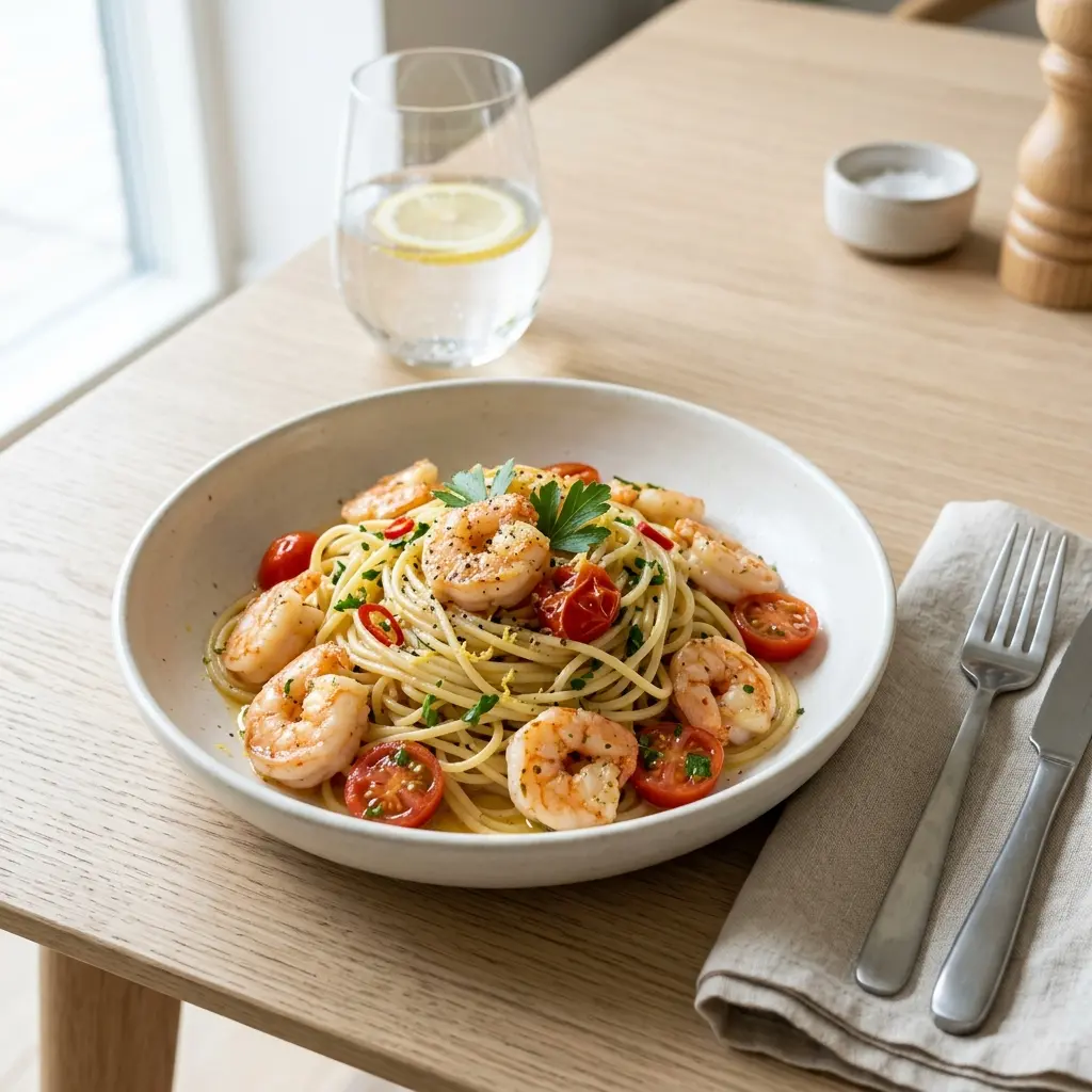 Nylagad pasta med räkor serverad på ett aptitligt och hemlagat sätt