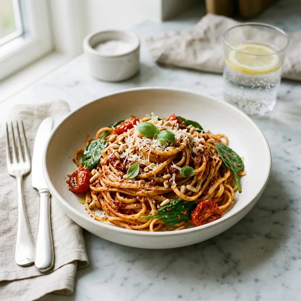 En skål med pasta med röd pesto klar att servera som smakrikt tillbehör