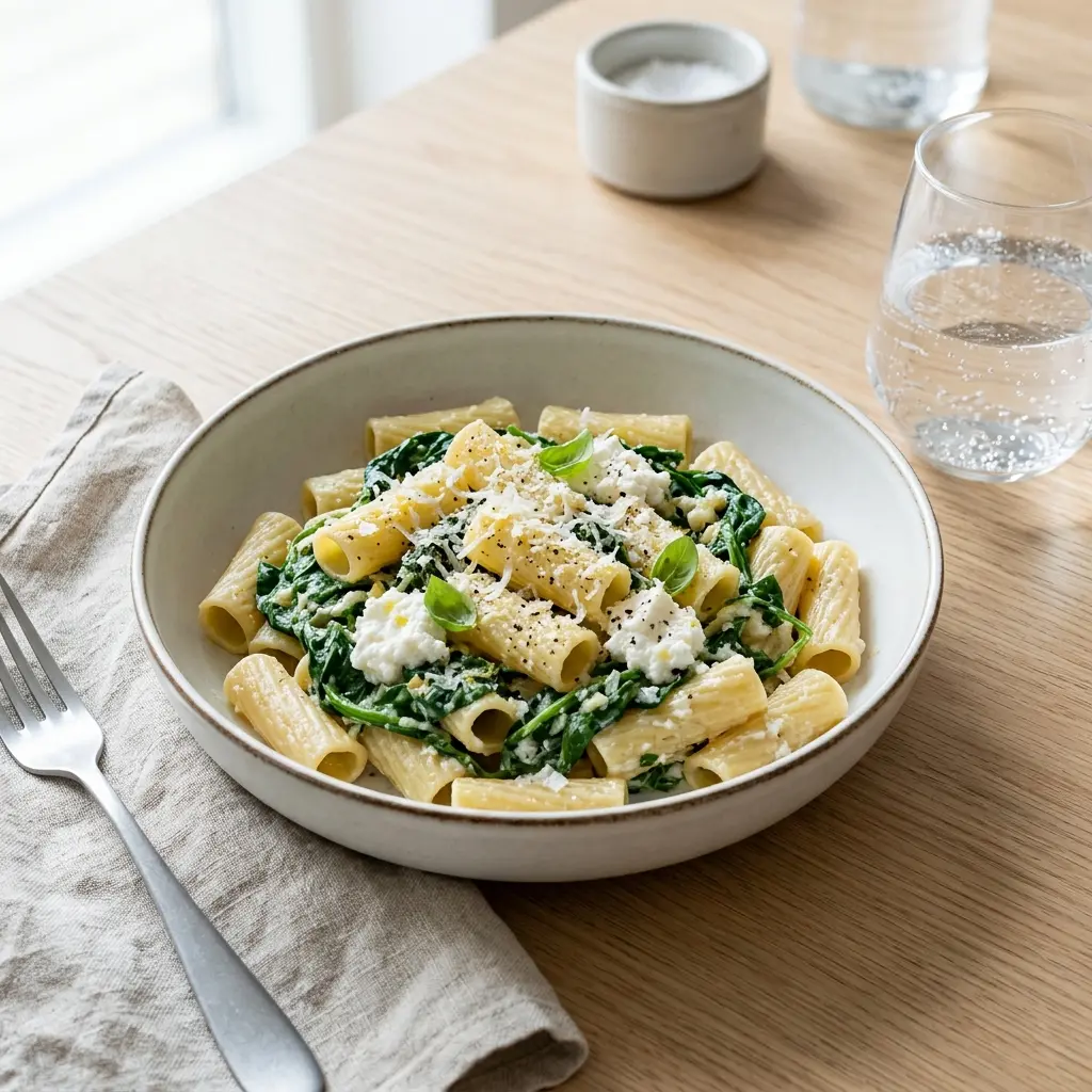 Nylagad pasta med spenat och ricotta serverad på ett aptitligt och hemlagat sätt