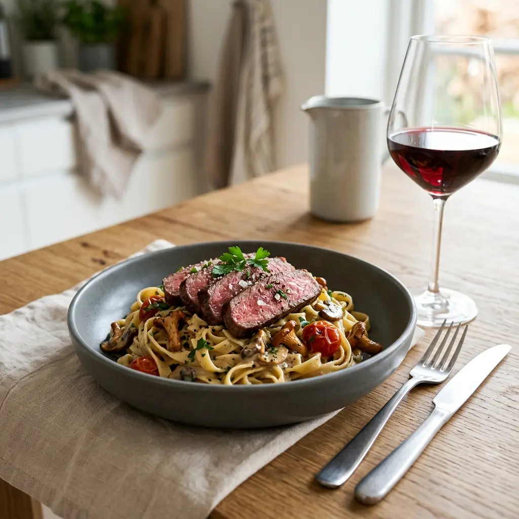 Ett glas pasta med steak serverat kallt och fräscht med enkel garnering