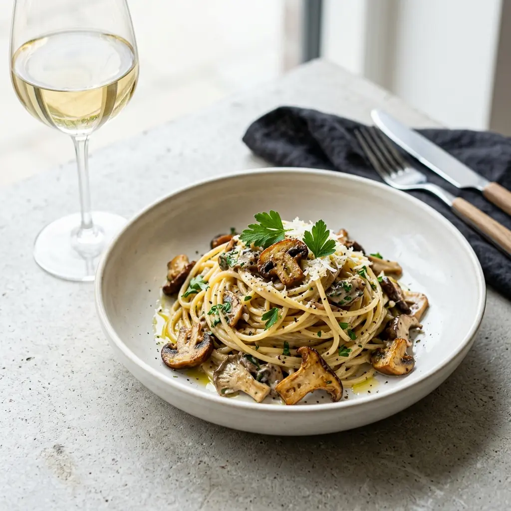 Nylagad pasta med svamp serverad på ett aptitligt och hemlagat sätt
