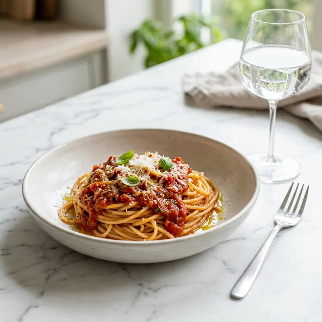 En skål med pasta med tomatsås klar att servera som smakrikt tillbehör