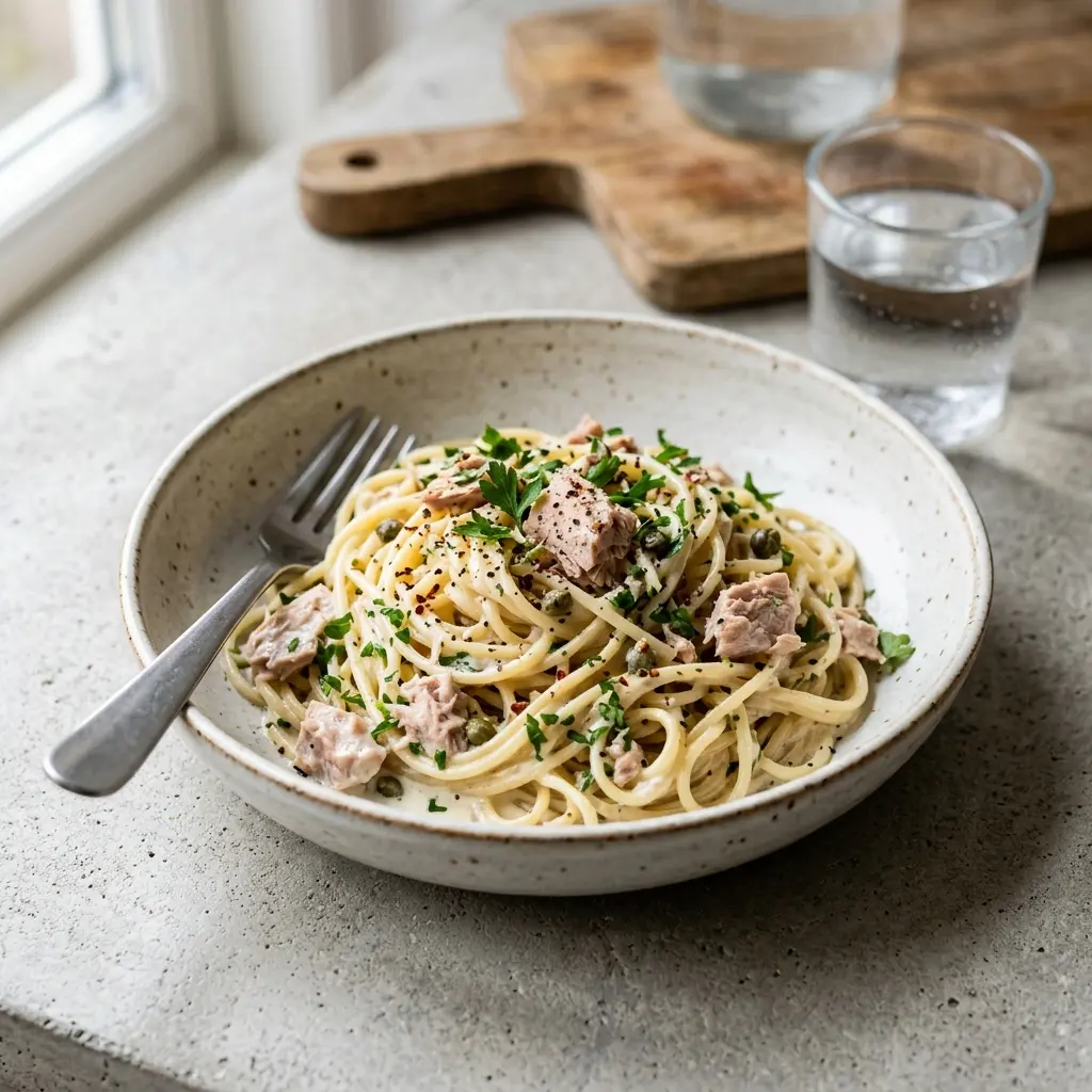 En skål med pasta med tonfisk och gräddsås klar att servera som smakrikt tillbehör