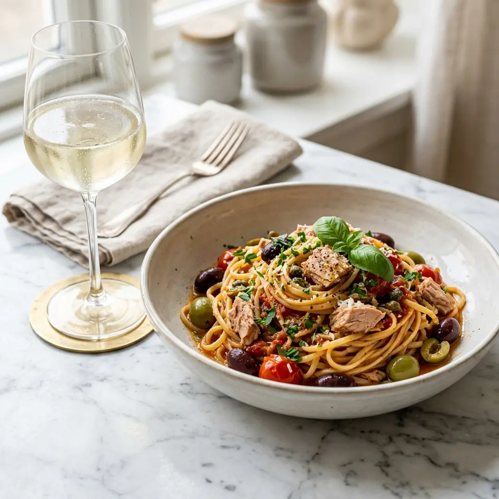 Nylagad pasta med tonfisk och oliver serverad på ett aptitligt och hemlagat sätt