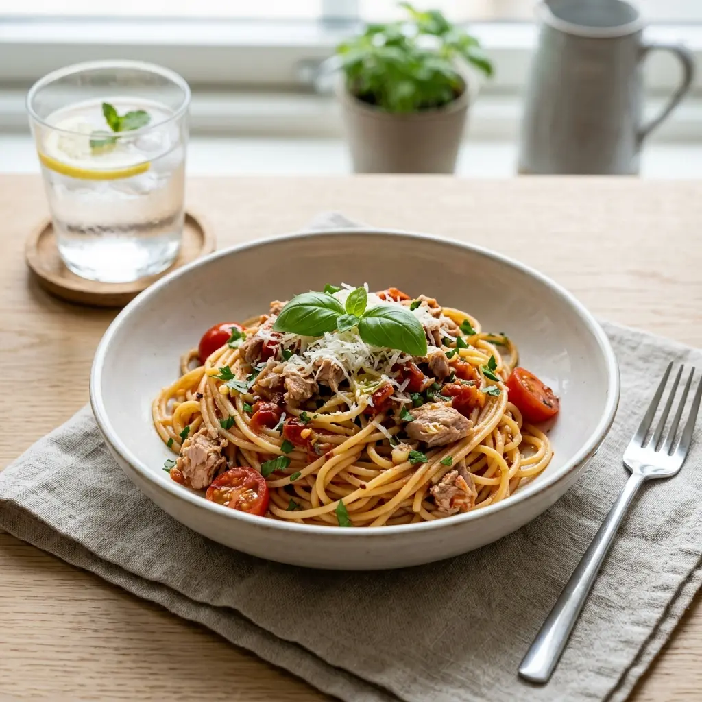 Nylagad pasta med tonfisk och tomat serverad på ett aptitligt och hemlagat sätt