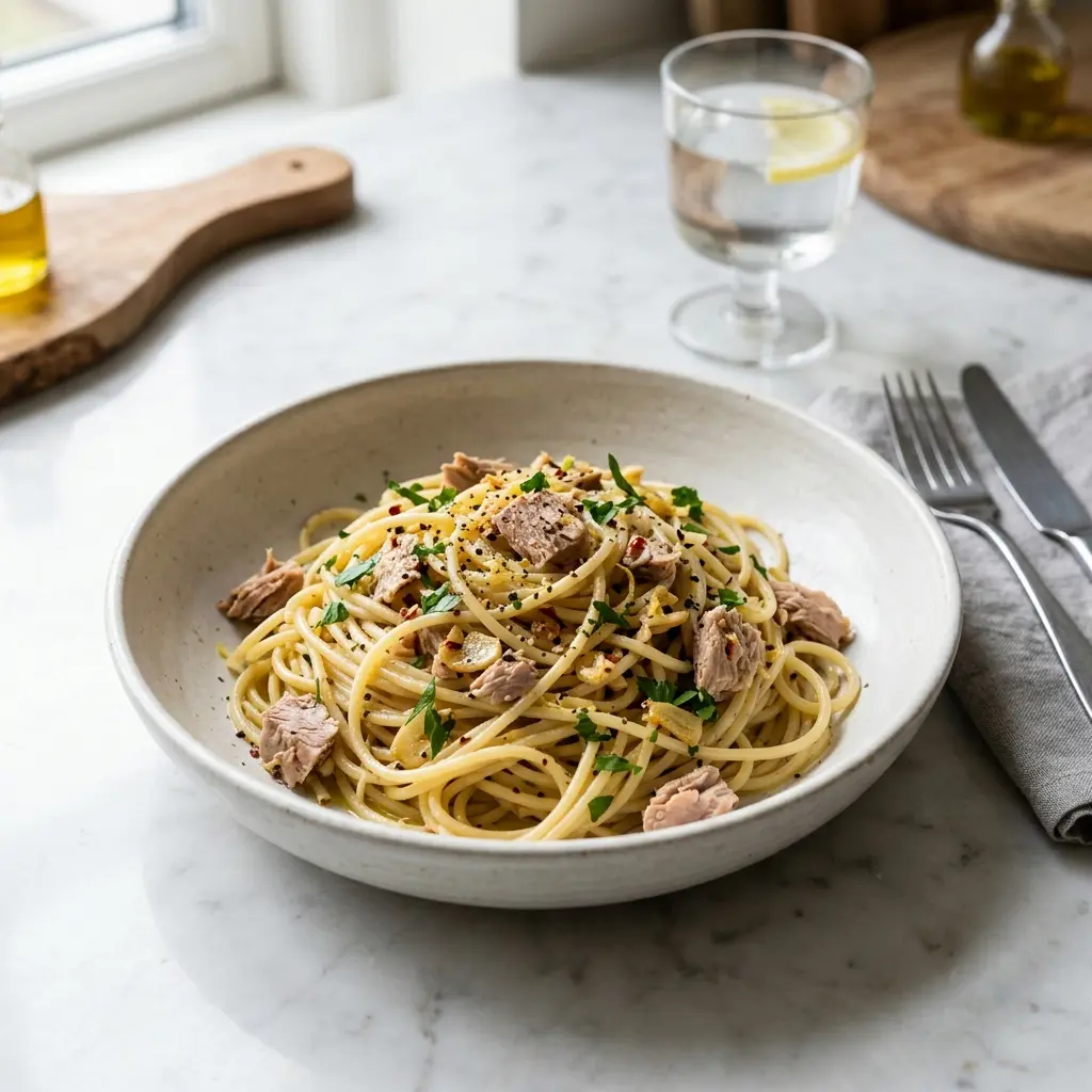 Nylagad pasta med tonfisk och vitlök serverad på ett aptitligt och hemlagat sätt