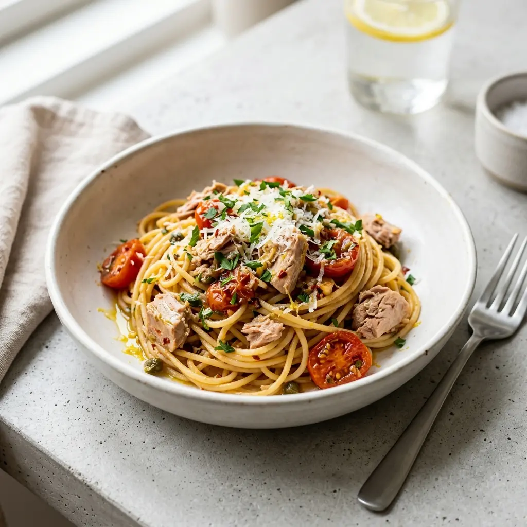 Nylagad pasta med tonfisk serverad på ett aptitligt och hemlagat sätt