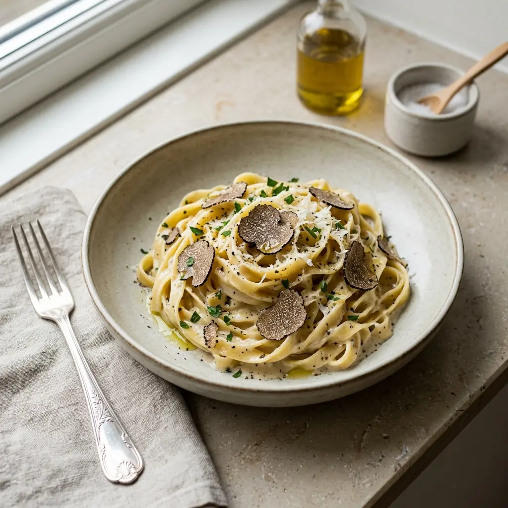 Nylagad pasta med tryffel serverad på ett aptitligt och hemlagat sätt
